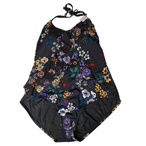 Time And Tru Womens 22W(20-22) Plus Sz Floral Halter 1-Piece Swimsuit Slimming - Picture 1 of 16